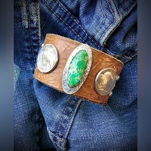 Turquoise and leather cuff, up to 6 1/2” wrist